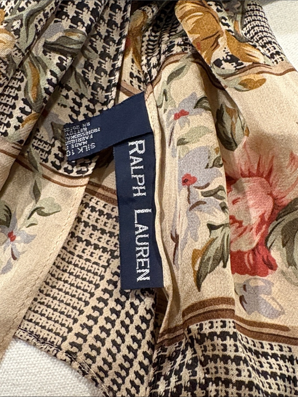 Vintage Ralph Lauren Houndstooth Glen Plaid Floral Long Silk Scarf Shawl - Picture 6 of 13